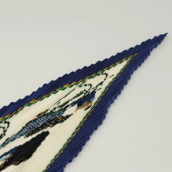 HERMES Pleated Scarf ""LES VOITURES A TRANSFORMATION"" Silk Blue Auth - Picture 7 of 16
